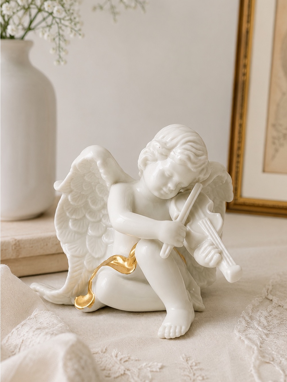 Vintage Porcelain Cherub Angel Violin Figurine Gold Accents
